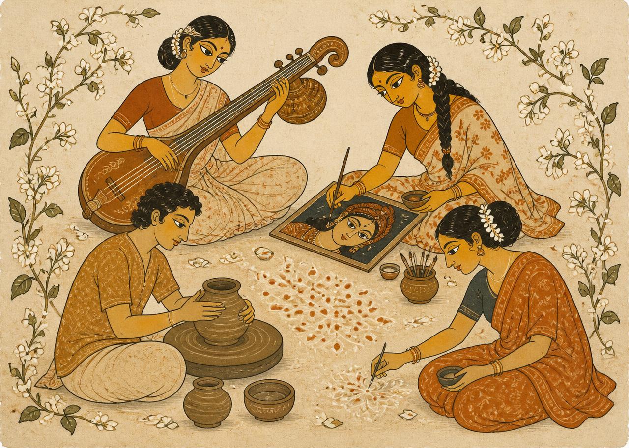Folk illustration of people making art, music and pottery together