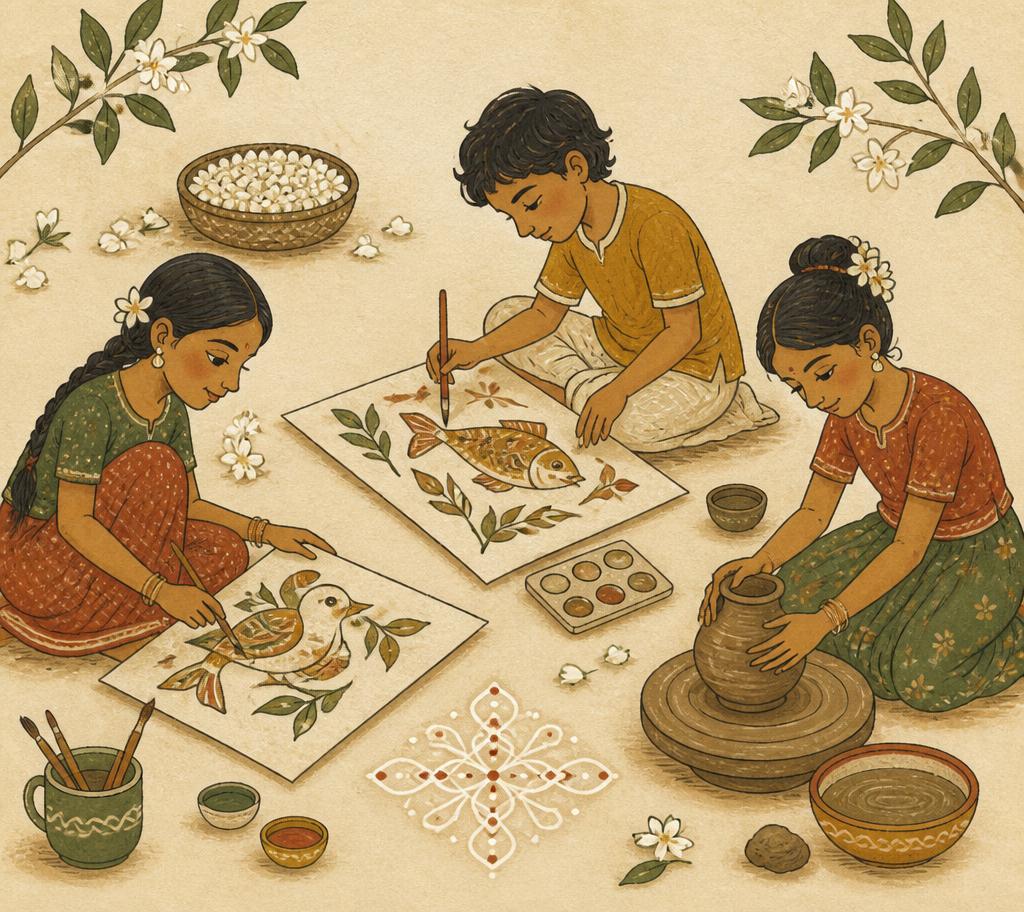 Folk illustration of children painting and shaping clay