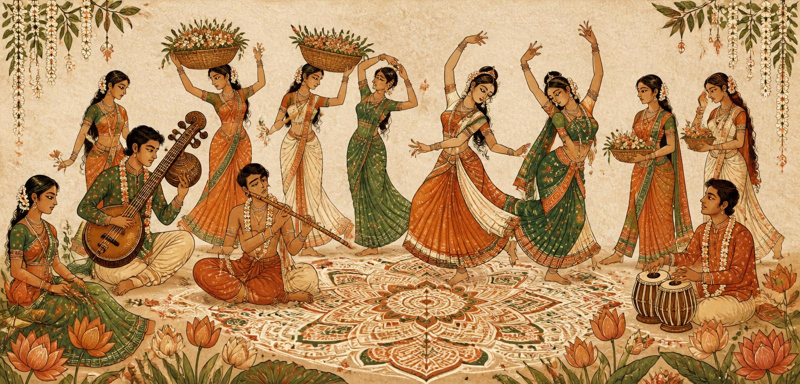 Folk illustration of musicians and dancers at a Kala gathering