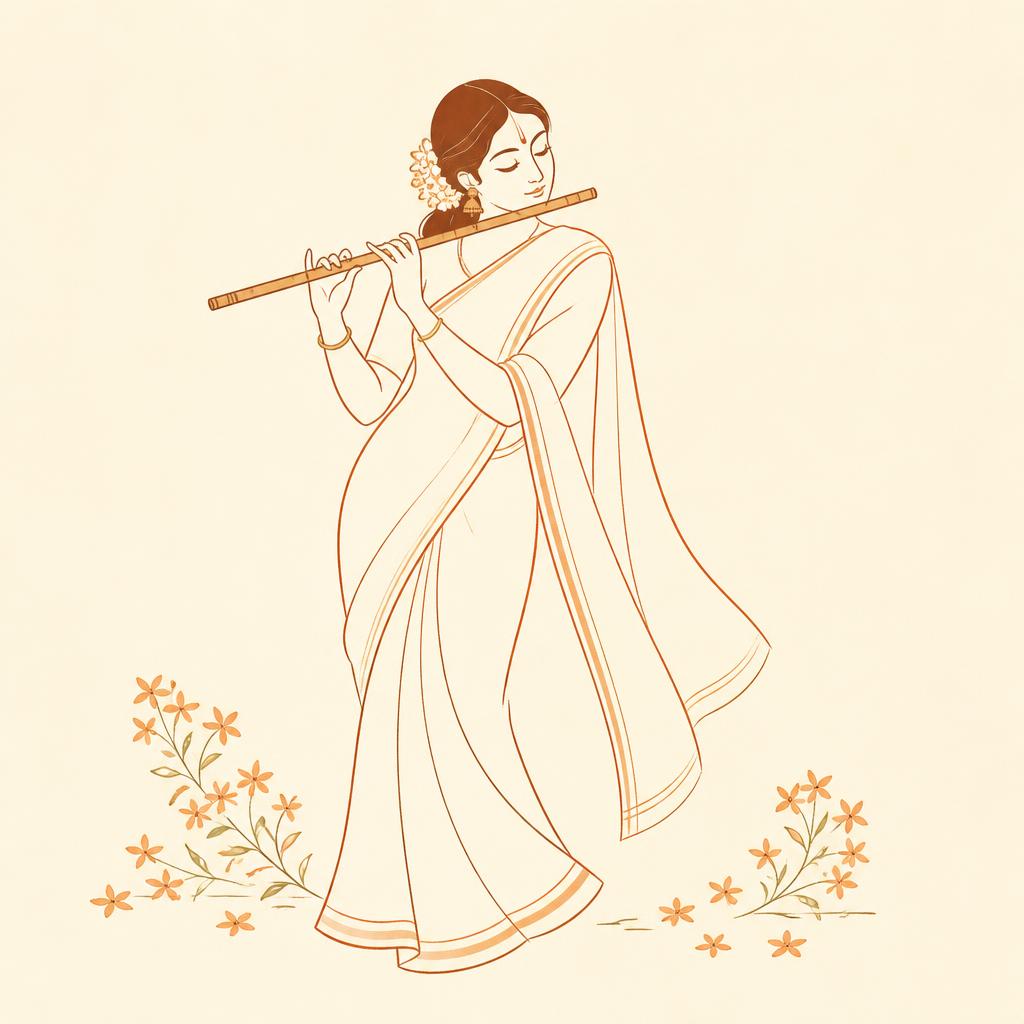 Folk illustration of a woman playing the bamboo flute among jasmine