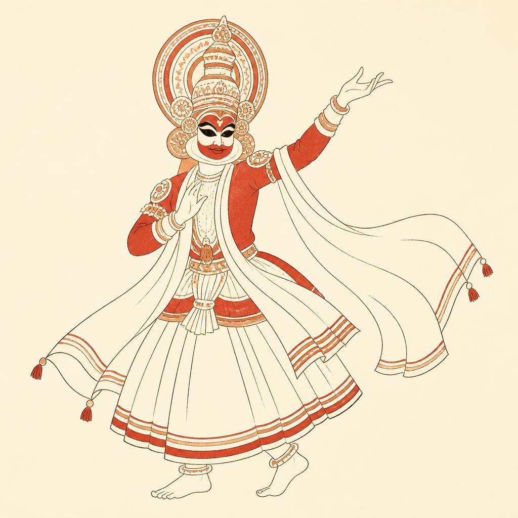 Folk illustration of a masked folk theatre performer mid-gesture