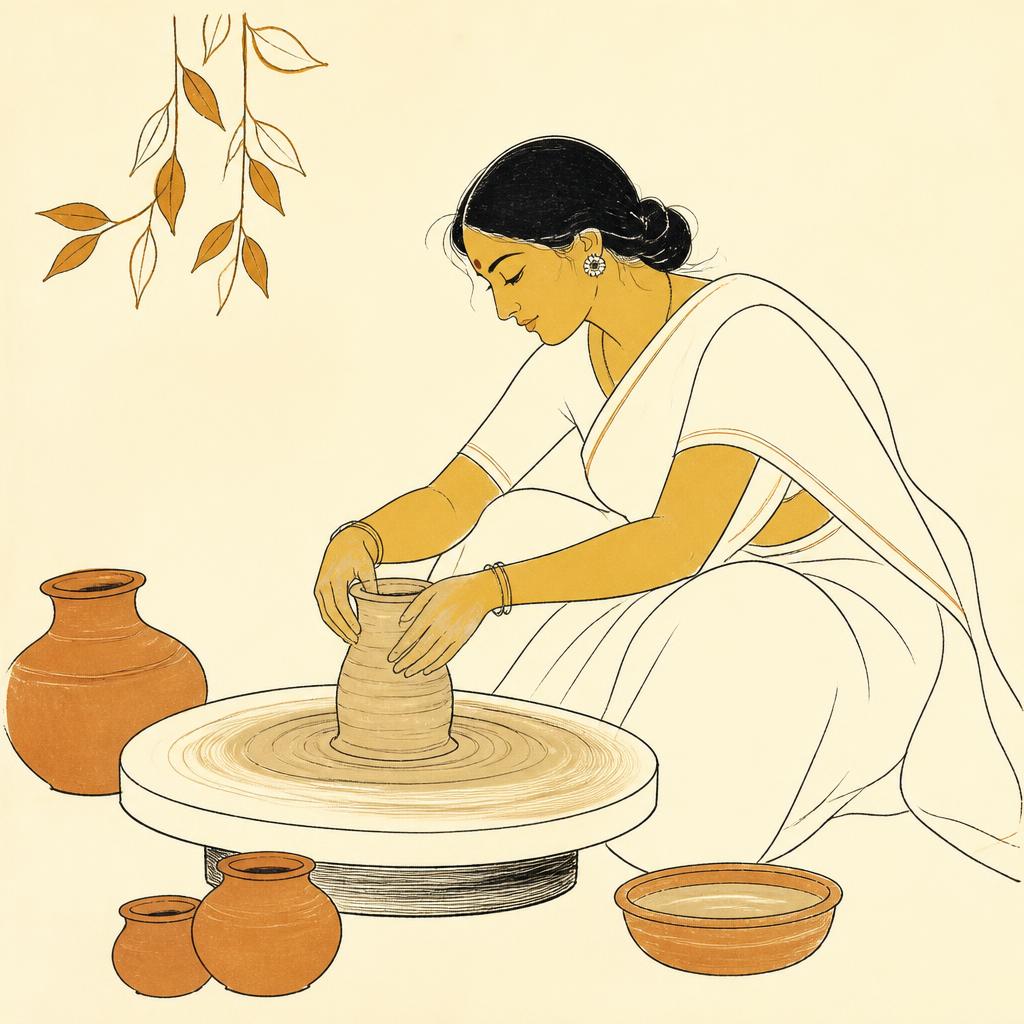 Folk illustration of a potter shaping clay on a wheel