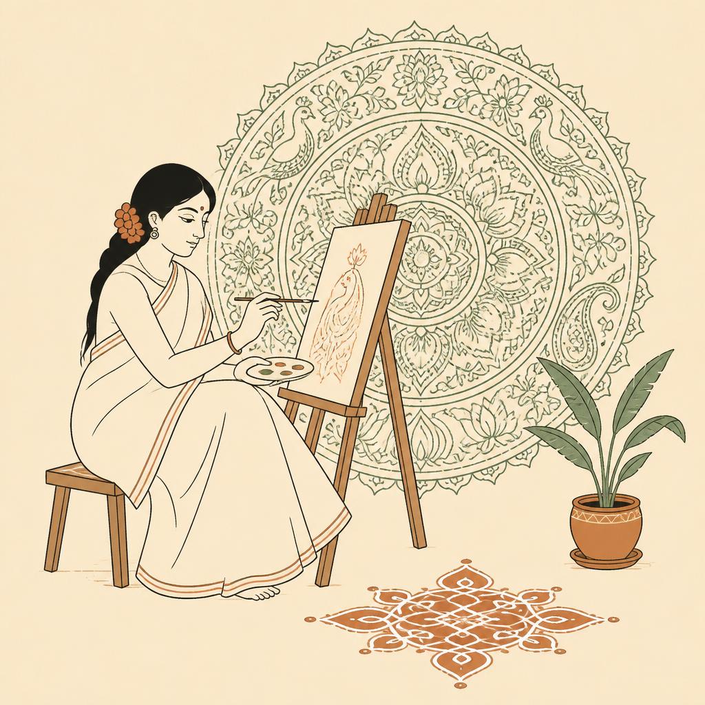 Folk illustration of a painter at an easel before a kalamkari mandala