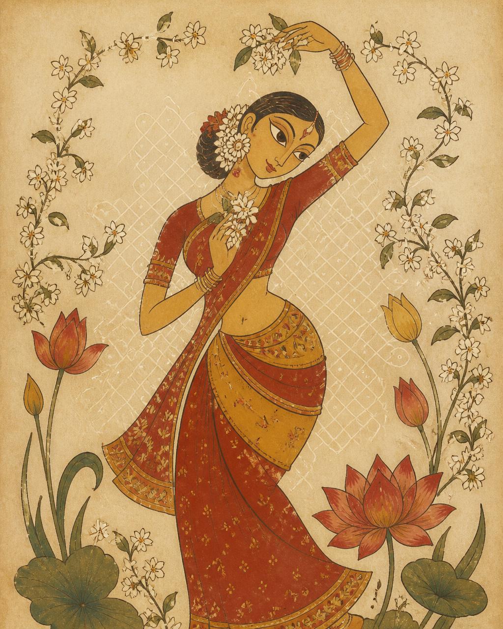 Original Telugu folk-art illustration of a dancer surrounded by jasmine, lotus and tulips
