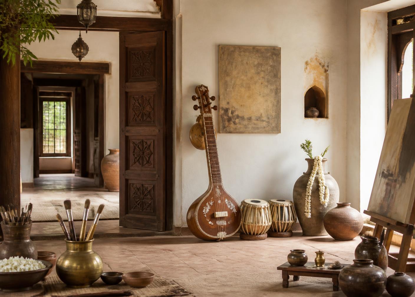 An old Hyderabad home reimagined as an art studio, with veena, tabla and clay pots